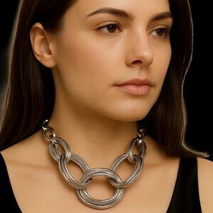 Bold Silver Statement Necklace – Layered Hoops & Oversized Multi-Wire Rings, 24"